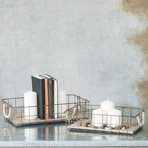 Stonebriar Stackable 2pc Rectangle Rustic Metal Wire and Wood Basket Set